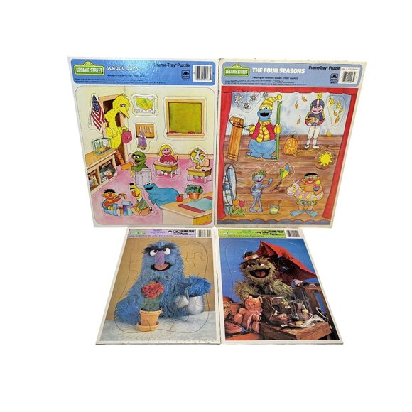 Vintage Golden Frame Tray Puzzle Sesame Street School Days The four Seasons Lot - Picture 1 of 5